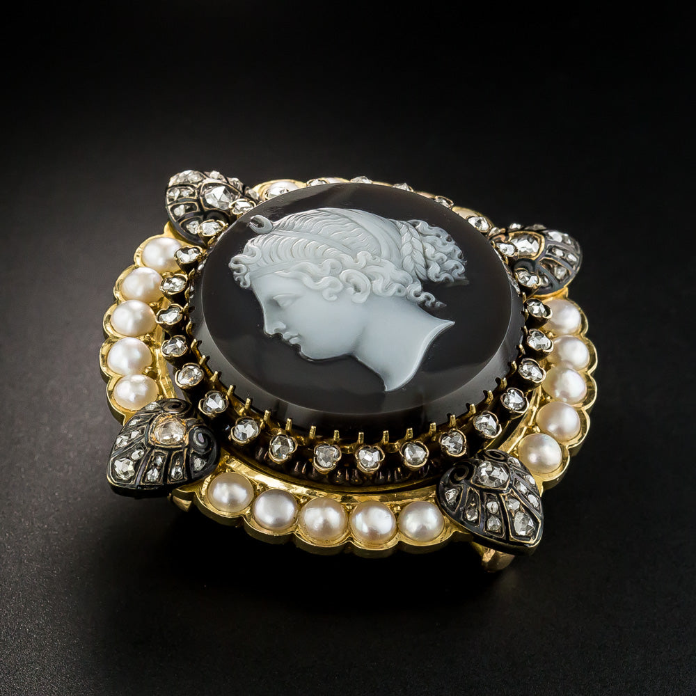  Antique Goddess Selene Diamond and Natural Pearl Cameo Brooch, French - 3