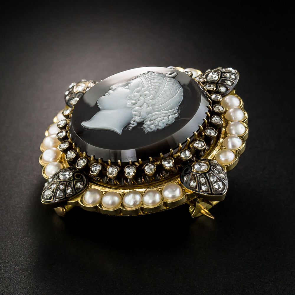  Antique Goddess Selene Diamond and Natural Pearl Cameo Brooch, French - 4