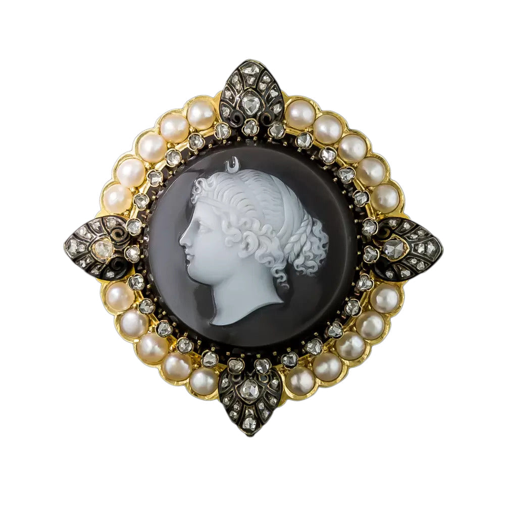  Antique Goddess Selene Diamond and Natural Pearl Cameo Brooch, French - 5