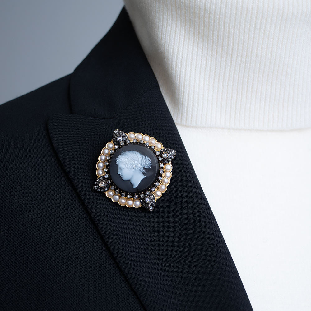  Antique Goddess Selene Diamond and Natural Pearl Cameo Brooch, French - 7
