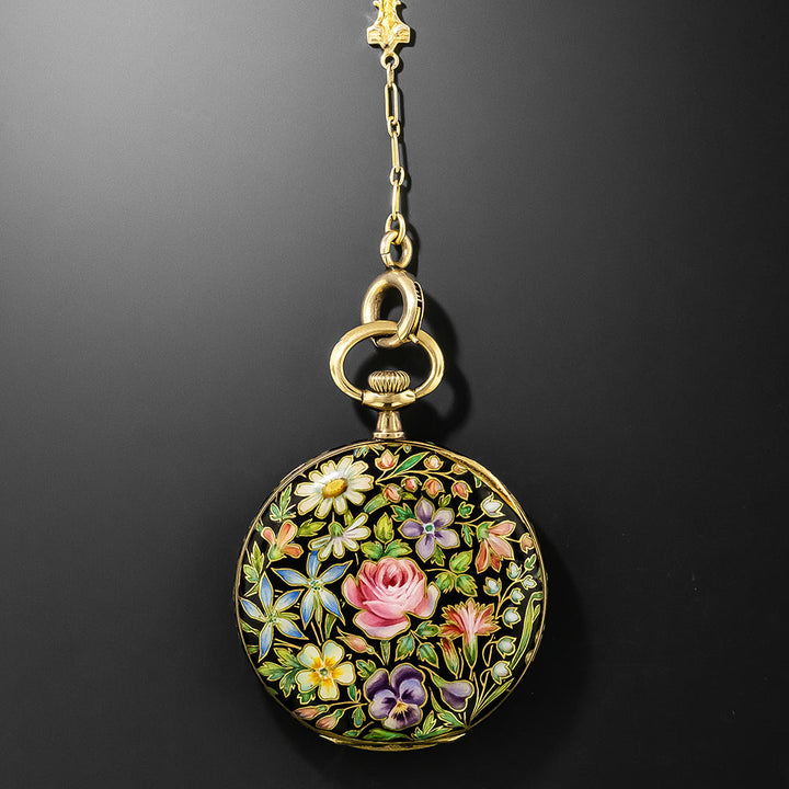 Antique Longines 18K Enamel Pendant Watch Necklace