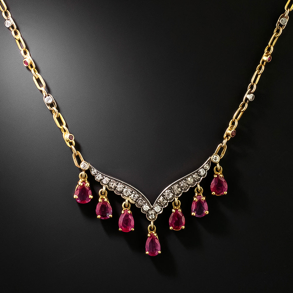 Antique No-Heat Burmese Ruby and Diamond Fringe Necklace, French GIA - 2