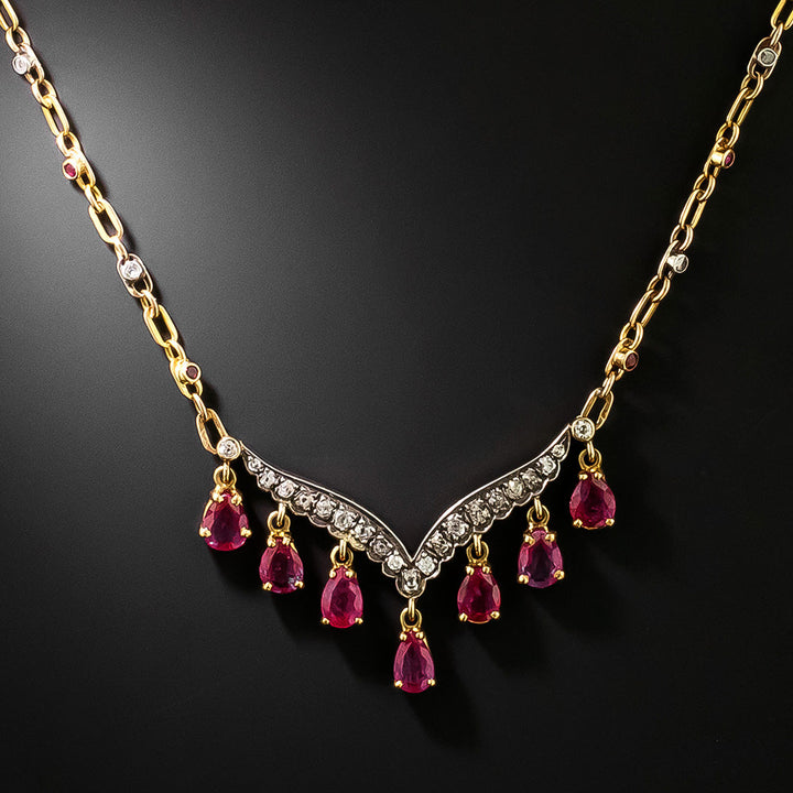 Antique No-Heat Burmese Ruby and Diamond Fringe Necklace, French GIA