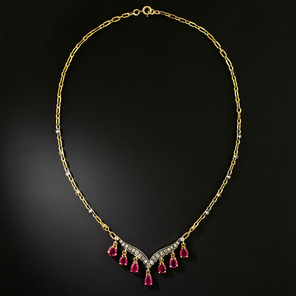 Antique No-Heat Burmese Ruby and Diamond Fringe Necklace, French GIA - 3