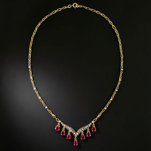 Antique No-Heat Burmese Ruby and Diamond Fringe Necklace, French GIA - 3