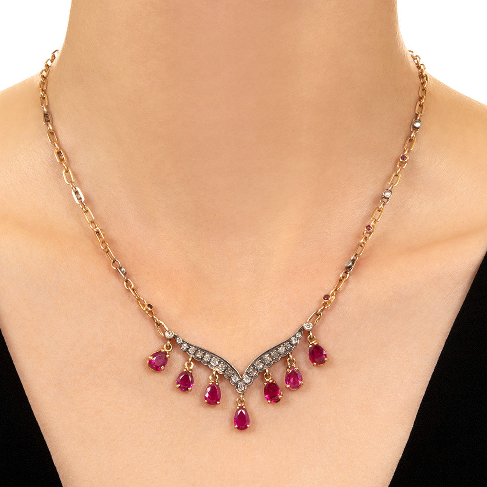 Antique No-Heat Burmese Ruby and Diamond Fringe Necklace, French GIA - 4