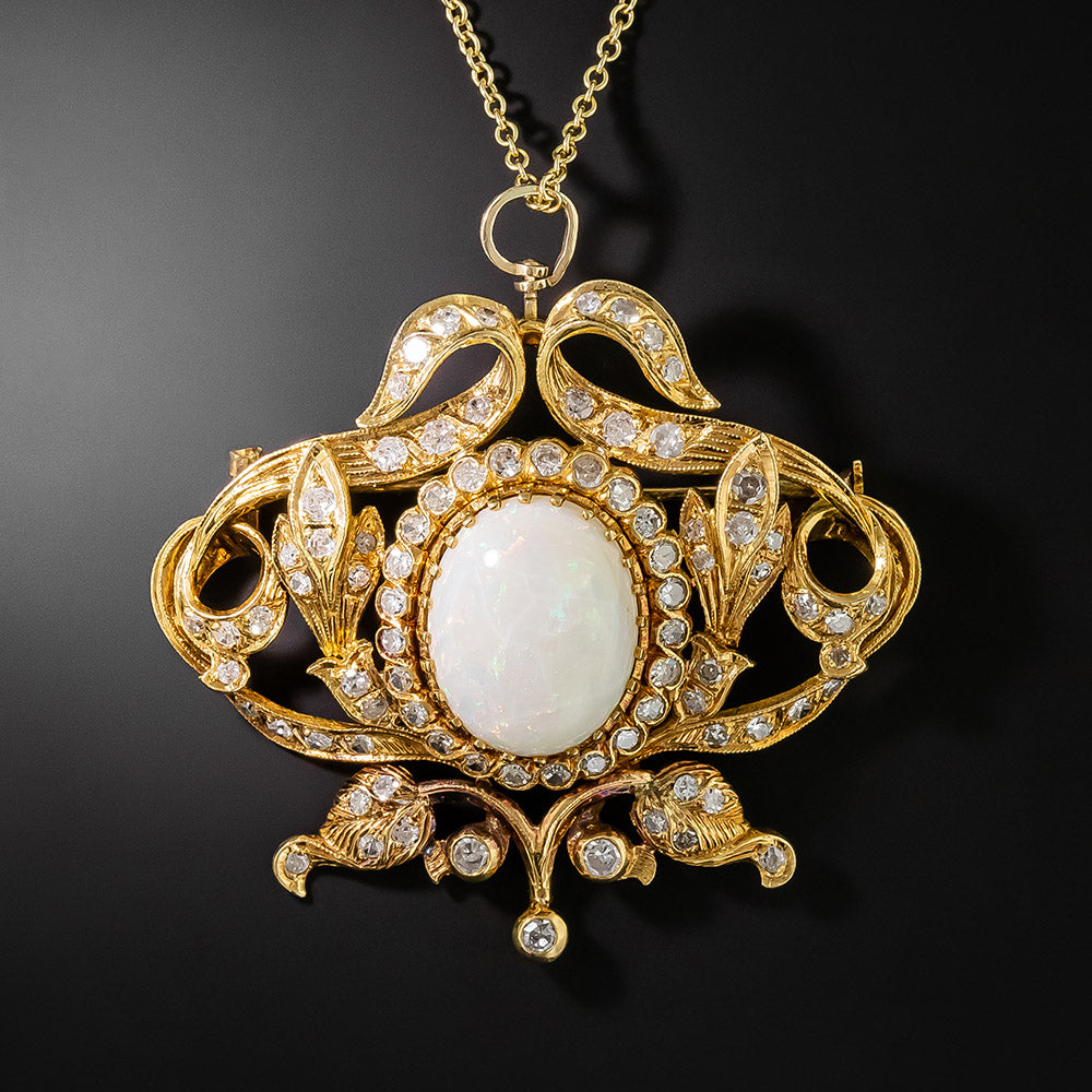 Antique Opal and Diamond Scroll Pendant/Brooch - 2