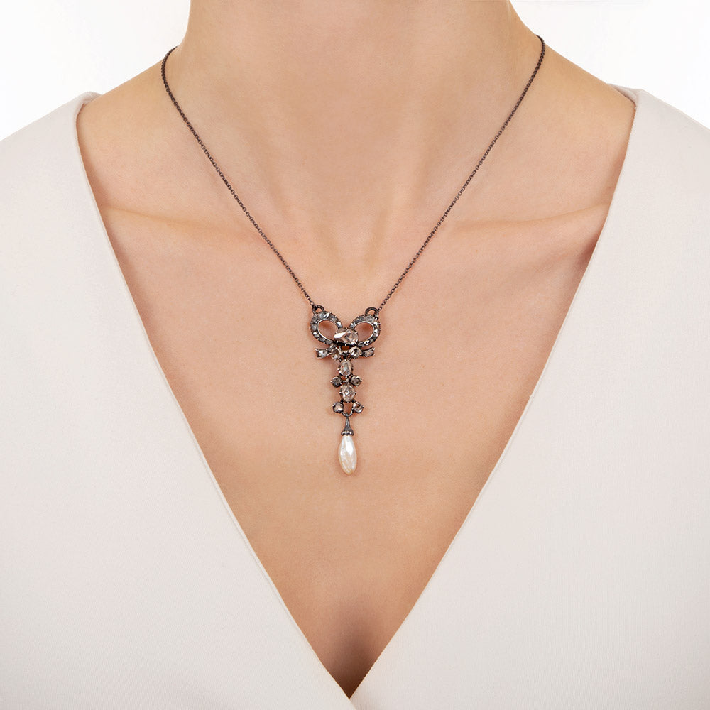 Antique Rose-Cut Diamond And Pearl Lavaliere - 3
