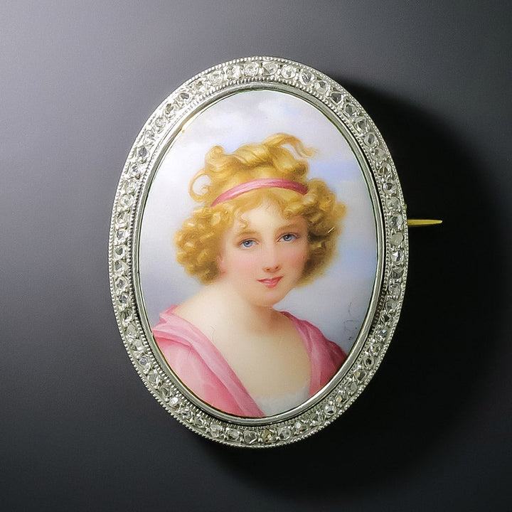 Antique Swiss Enamel Portrait and Diamond Brooch by Golay Fils & Stahl
