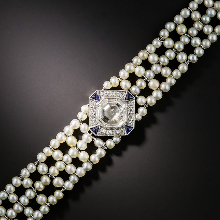 Art Deco 1.00 Carat Asscher-Cut Diamond and Natural Pearl Bracelet
