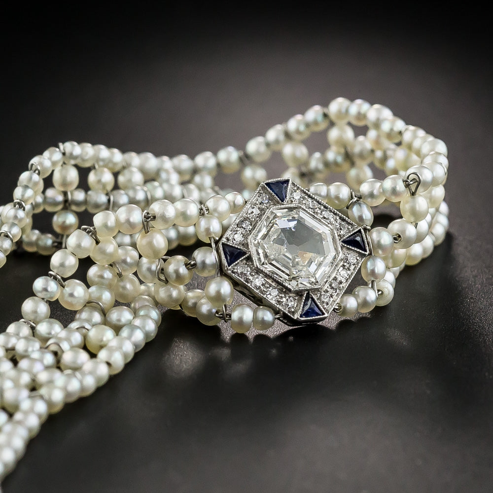 Art Deco 1.00 Carat Asscher-Cut Diamond and Natural Pearl Bracelet  - 3