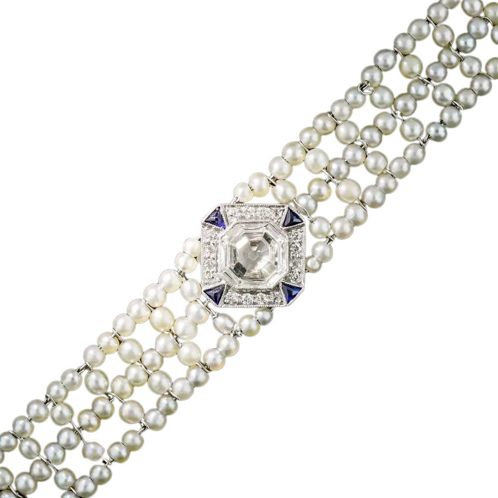 Art Deco 1.00 Carat Asscher-Cut Diamond and Natural Pearl Bracelet  - 4