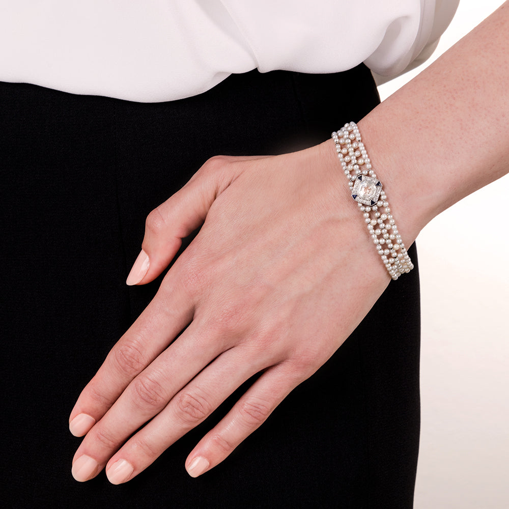 Art Deco 1.00 Carat Asscher-Cut Diamond and Natural Pearl Bracelet  - 5