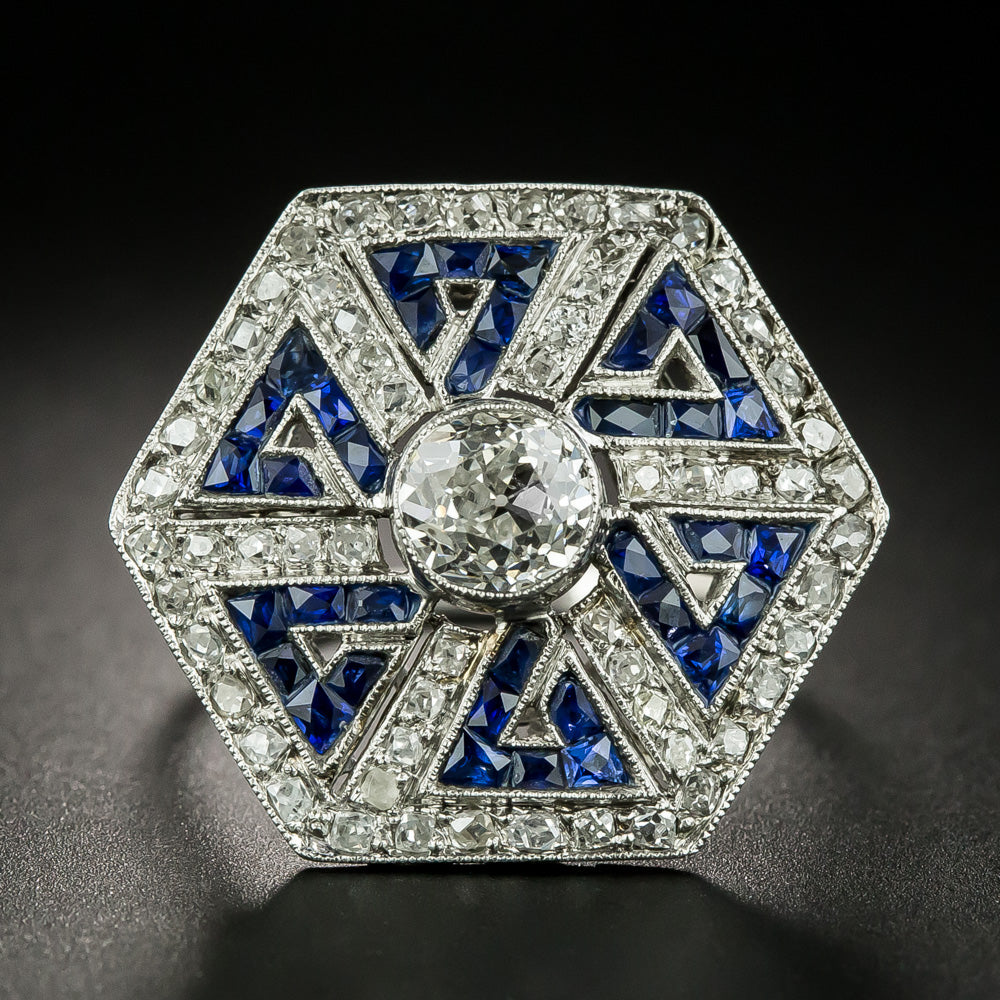 Art Deco Style 1.00 Carat Diamond and Sapphire Greek Key Motif Ring - 2