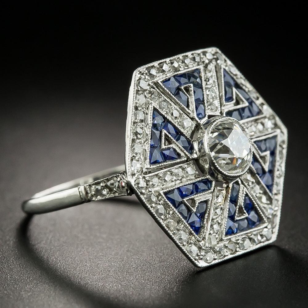 Art Deco Style 1.00 Carat Diamond and Sapphire Greek Key Motif Ring - 4