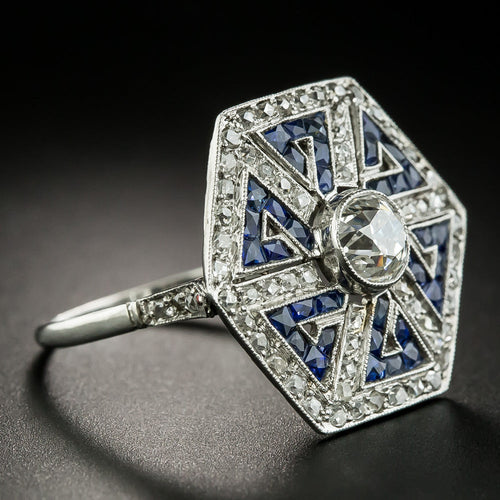 Art Deco Style 1.00 Carat Diamond and Sapphire Greek Key Motif Ring - 4