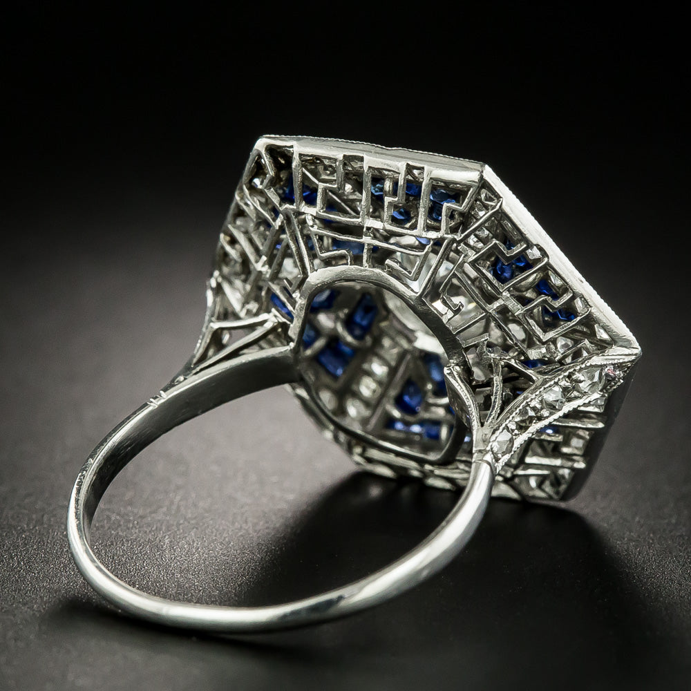 Art Deco Style 1.00 Carat Diamond and Sapphire Greek Key Motif Ring - 6