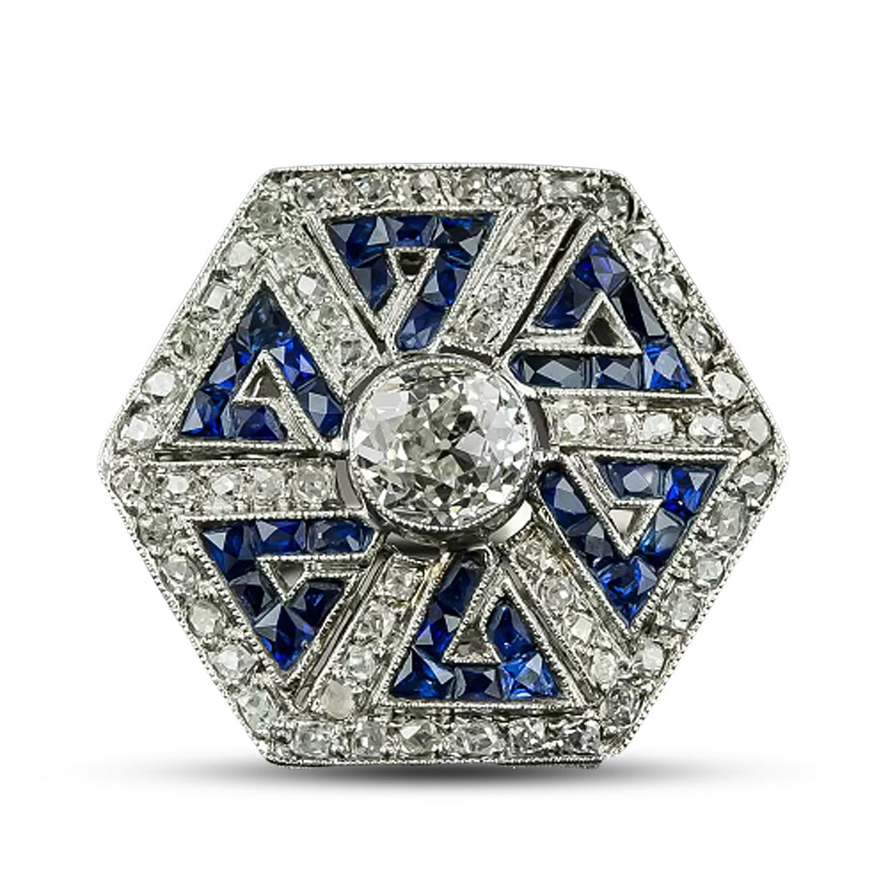 Art Deco Style 1.00 Carat Diamond and Sapphire Greek Key Motif Ring - 6