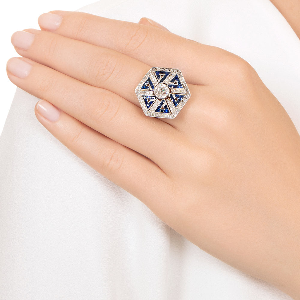 Art Deco Style 1.00 Carat Diamond and Sapphire Greek Key Motif Ring - 7