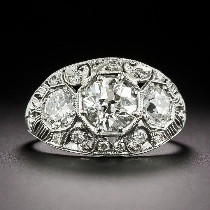Art Deco 1.10 Carat Diamond Three-Stone Engraved Ring - GIA  I  VS2