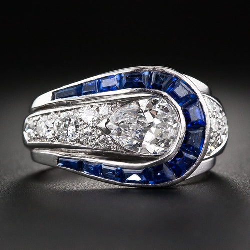 Art Deco 1.10 Carat Pear-Shaped Diamond and Sapphire Ring - 6