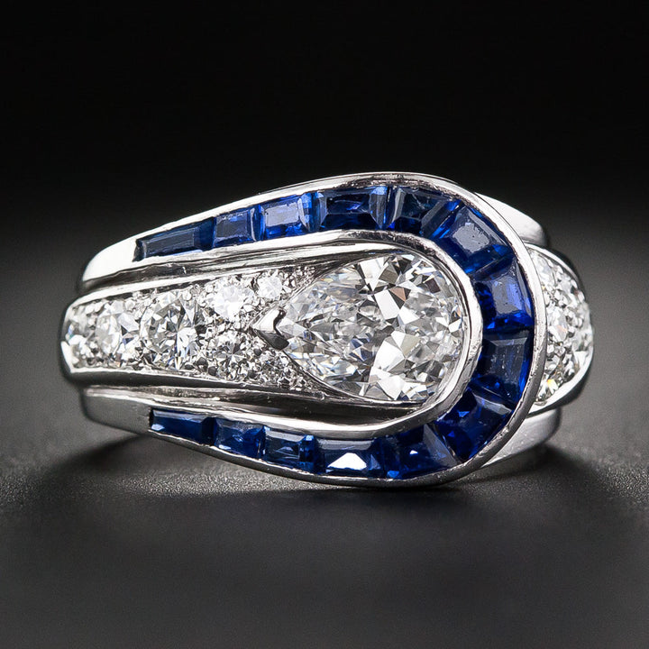 Art Deco 1.10 Carat Pear-Shaped Diamond and Sapphire Ring