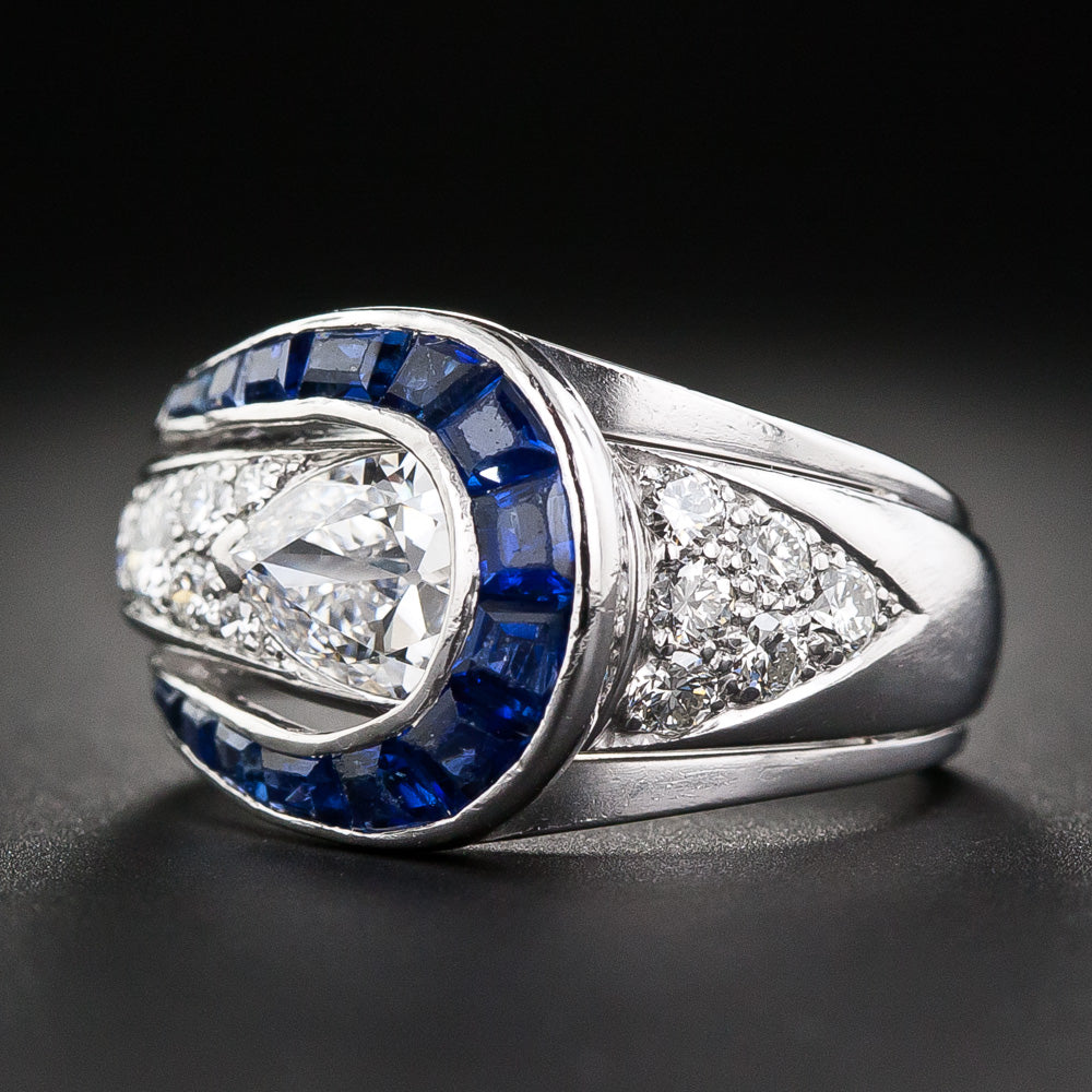 Art Deco 1.10 Carat Pear-Shaped Diamond and Sapphire Ring - 9