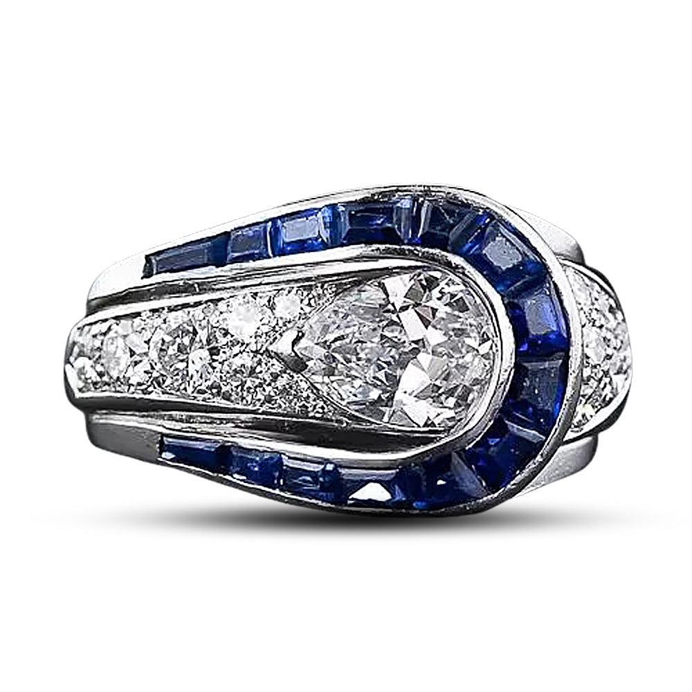 Art Deco 1.10 Carat Pear-Shaped Diamond and Sapphire Ring - 12
