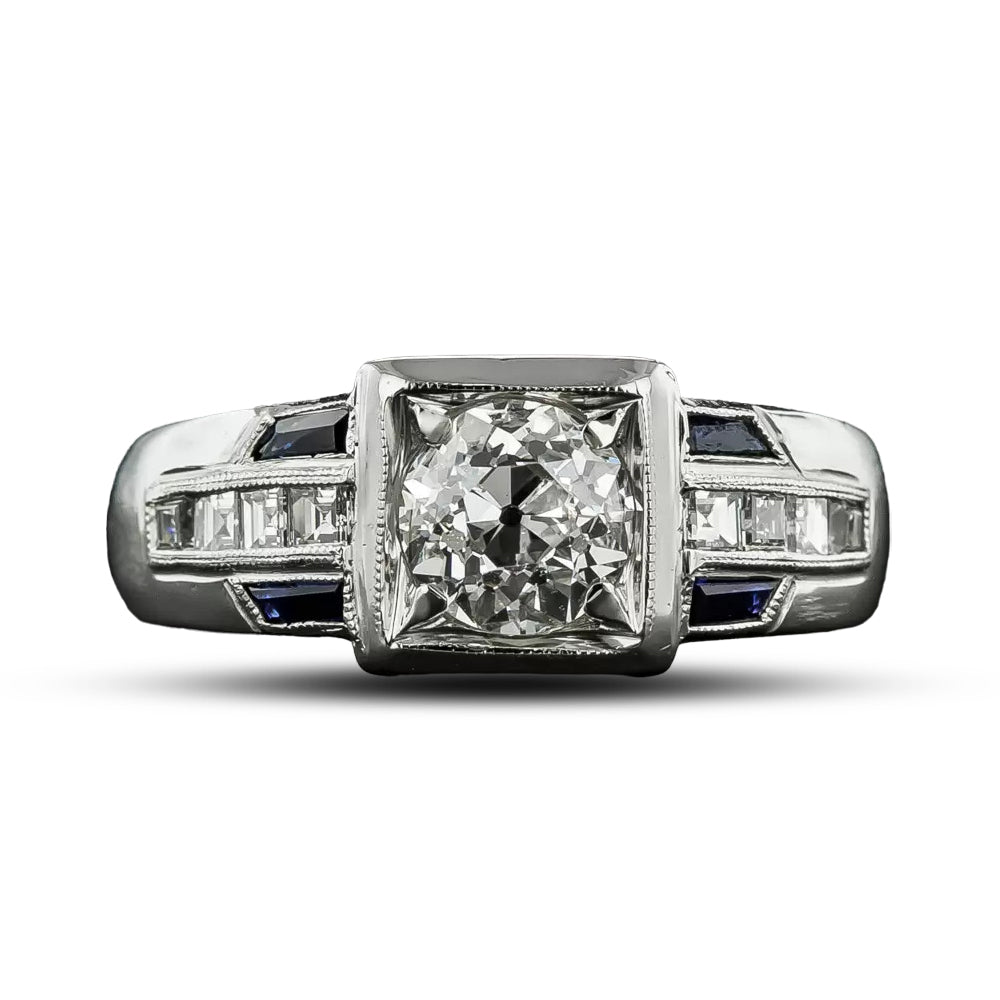 Art Deco 1.11 Carat Diamond and Sapphire* Ring - GIA I SI1  - 4