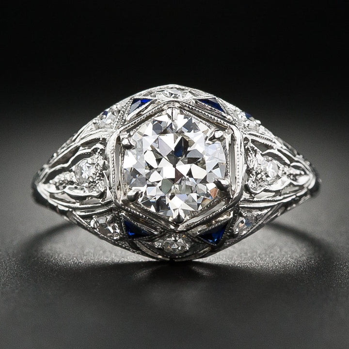Art Deco 1.13 Carat Diamond Engagement Ring with Sapphire* Accents - GIA I VS1