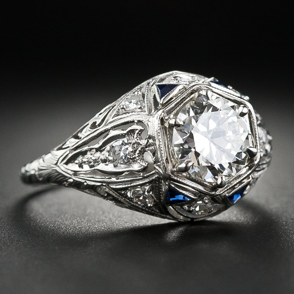 Art Deco 1.13 Carat Diamond Engagement Ring with Sapphire* Accents - GIA I VS1 - 6