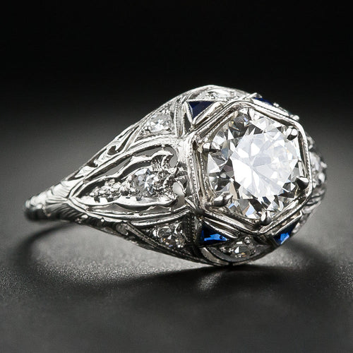 Art Deco 1.13 Carat Diamond Engagement Ring with Sapphire* Accents - GIA I VS1 - 6