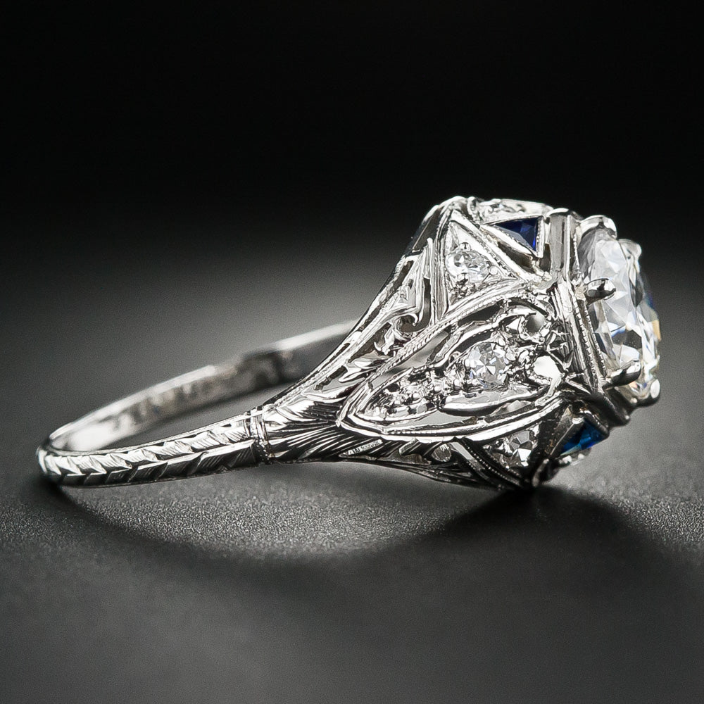 Art Deco 1.13 Carat Diamond Engagement Ring with Sapphire* Accents - GIA I VS1 - 7