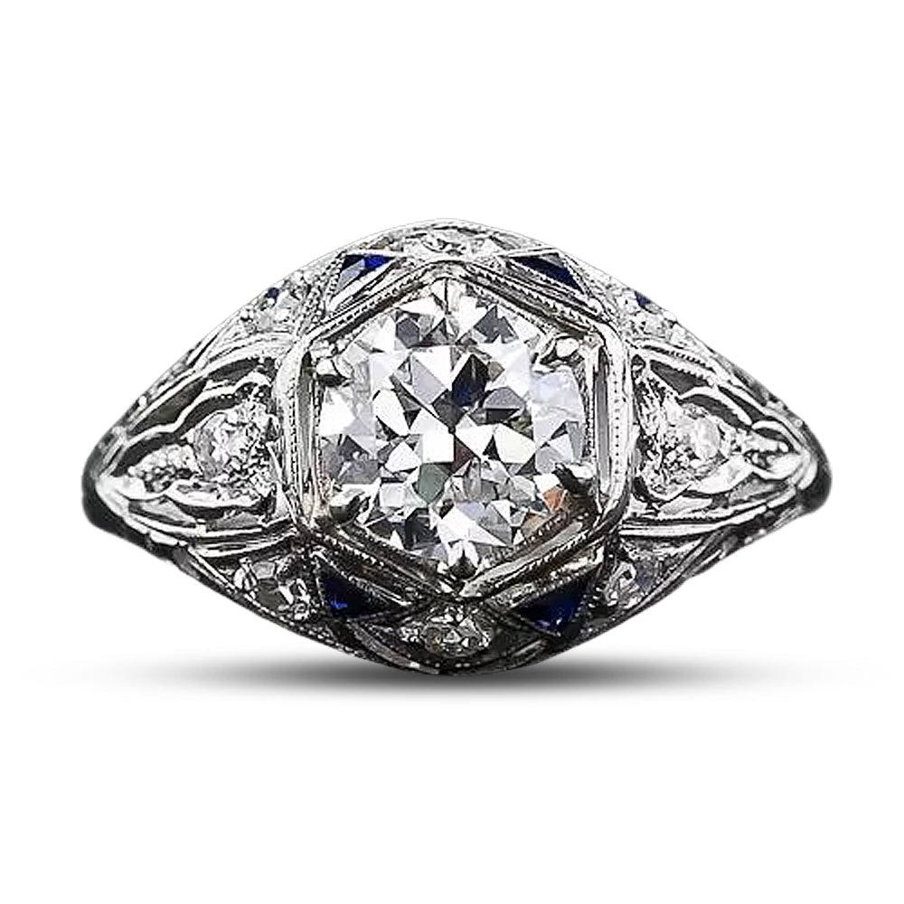 Art Deco 1.13 Carat Diamond Engagement Ring with Sapphire* Accents - GIA I VS1 - 9