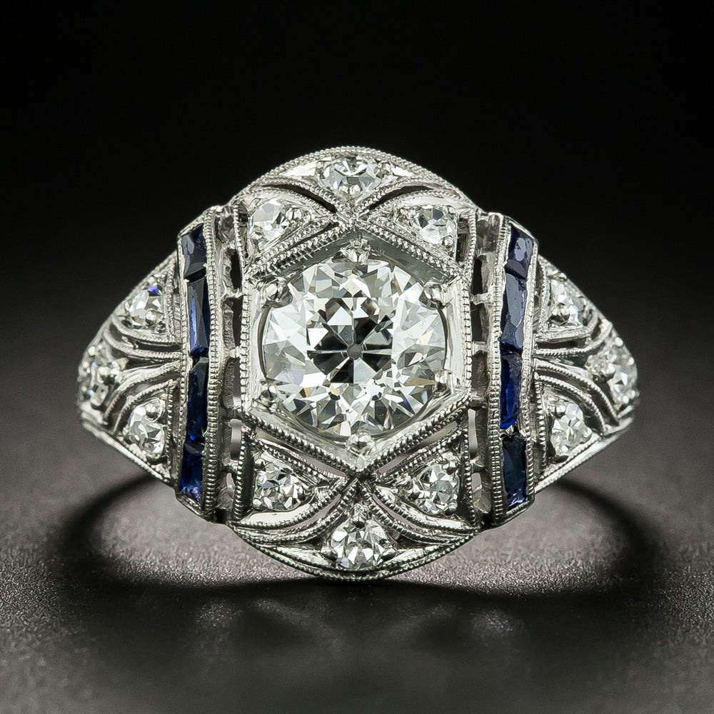 Art Deco 1.18 Carat Diamond and Calibre Sapphire Engagement Ring - GIA H SI1 - 2