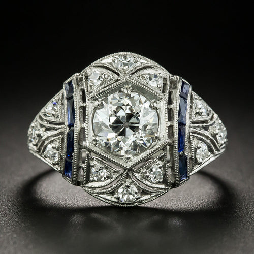 Art Deco 1.18 Carat Diamond and Calibre Sapphire Engagement Ring - GIA H SI1 - 2