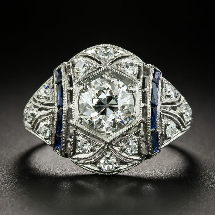 Art Deco 1.18 Carat Diamond and Calibre Sapphire Engagement Ring - GIA H SI1