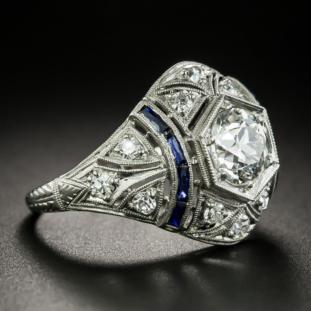 Art Deco 1.18 Carat Diamond and Calibre Sapphire Engagement Ring - GIA H SI1 - 4