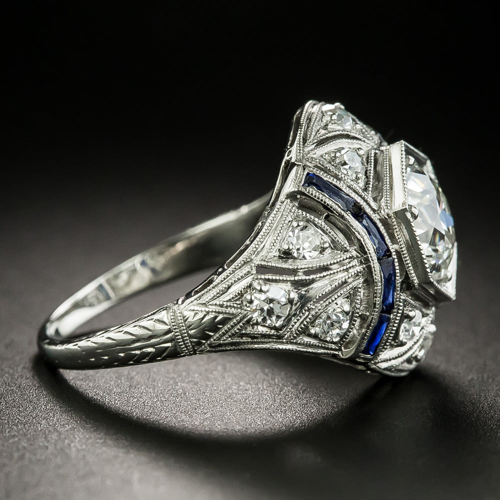 Art Deco 1.18 Carat Diamond and Calibre Sapphire Engagement Ring - GIA H SI1 - 5