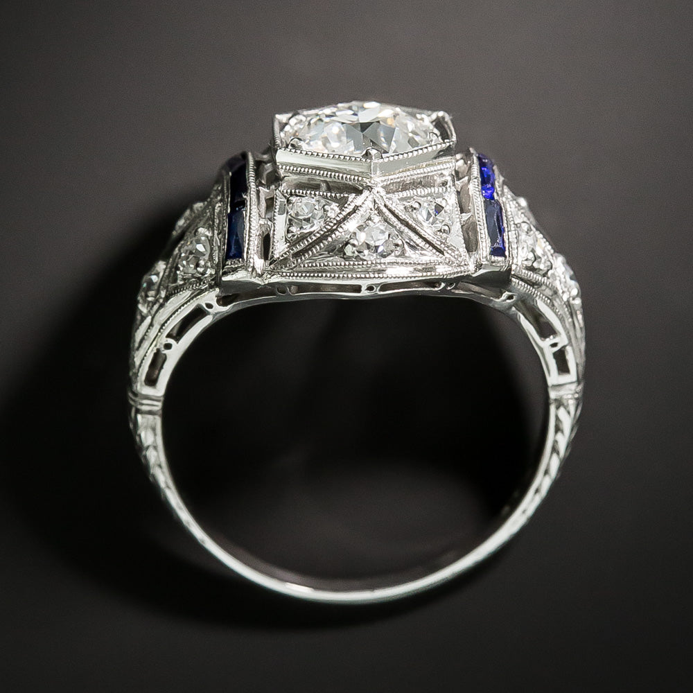 Art Deco 1.18 Carat Diamond and Calibre Sapphire Engagement Ring - GIA H SI1 - 6