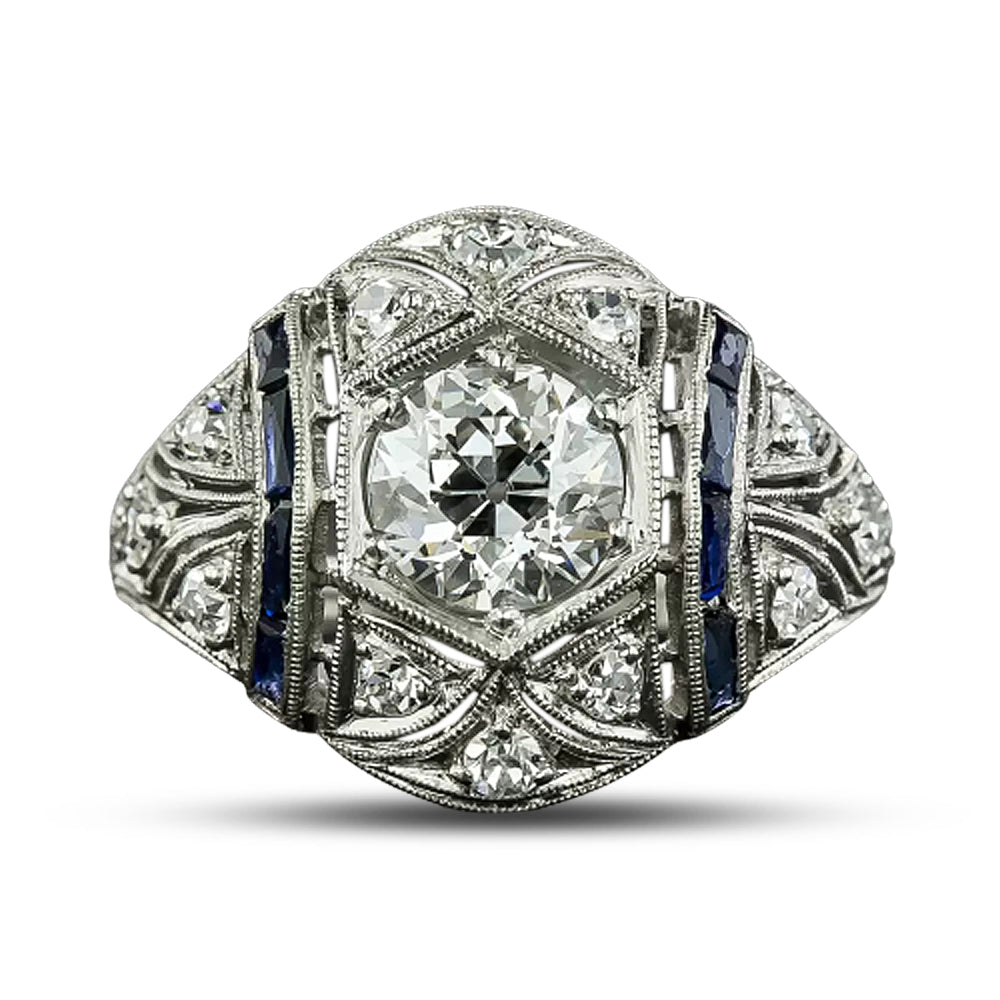 Art Deco 1.18 Carat Diamond and Calibre Sapphire Engagement Ring - GIA H SI1 - 5