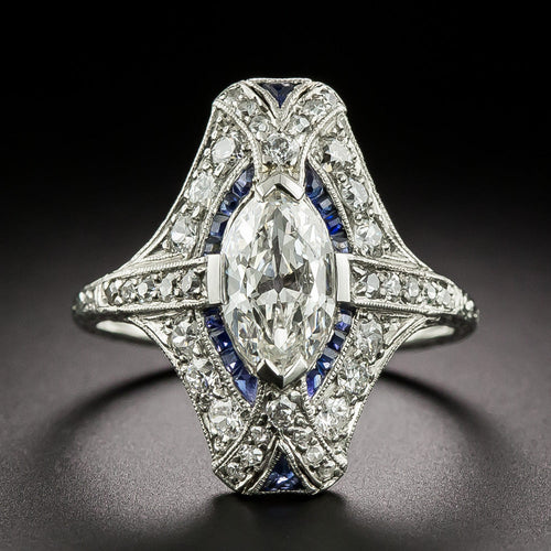 Art Deco 1.22 Carat Marquise Diamond and Sapphire* Dinner Ring - GIA G VS1 - 3