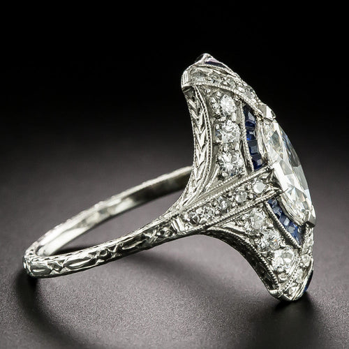 Art Deco 1.22 Carat Marquise Diamond and Sapphire* Dinner Ring - GIA G VS1 - 4