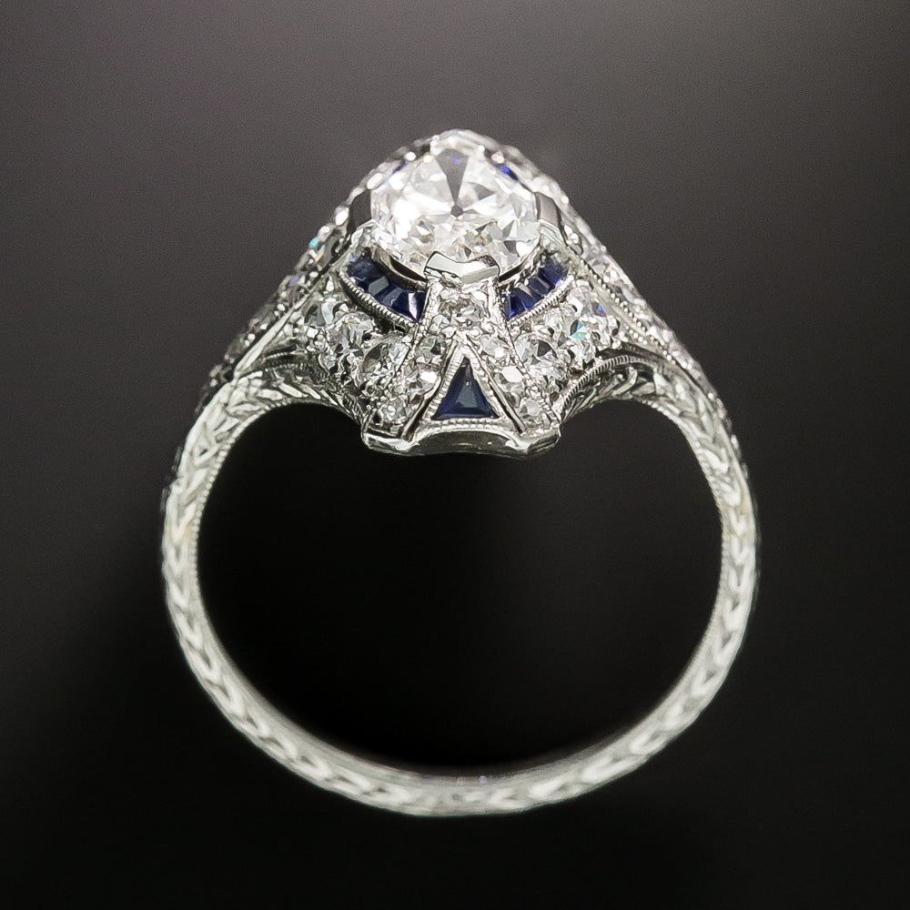 Art Deco 1.22 Carat Marquise Diamond and Sapphire* Dinner Ring - GIA G VS1 - 5