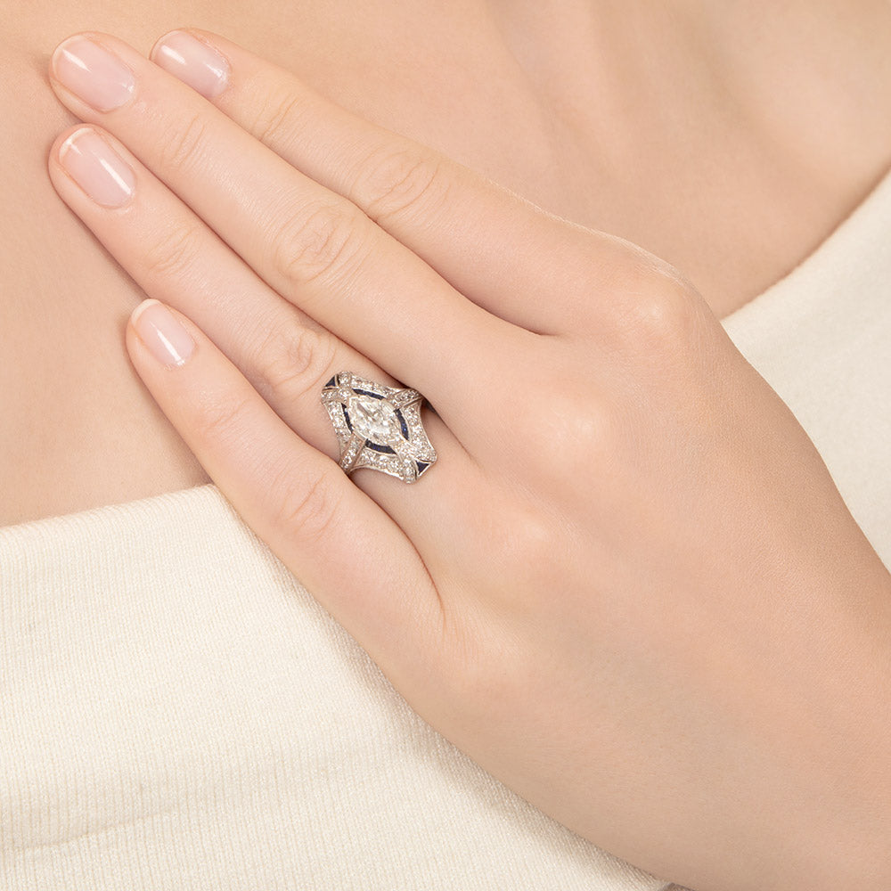 Art Deco 1.22 Carat Marquise Diamond and Sapphire* Dinner Ring - GIA G VS1 - 6