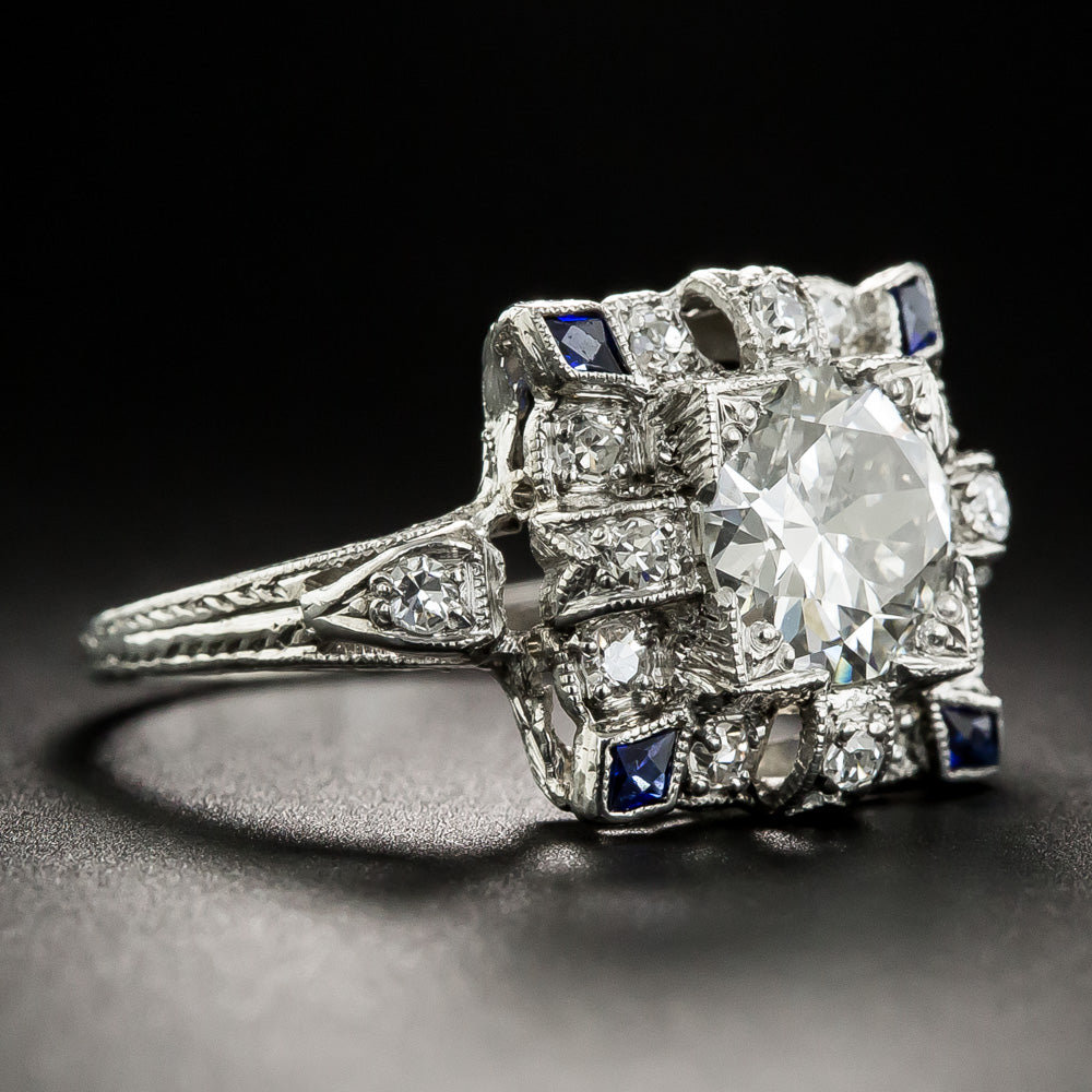 Art Deco 1.30 Carat Diamond and Sapphire* Engagement Ring - GIA  J SI2 - 6