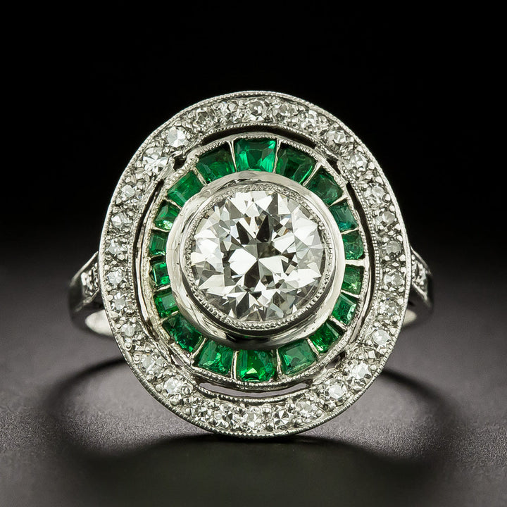 Art Deco 1.35 Carat Diamond and Emerald Halo Ring - GIA H SI1