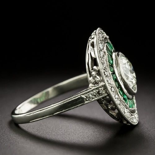 Art Deco 1.35 Carat Diamond and Emerald Halo Ring - GIA H SI1  - 3