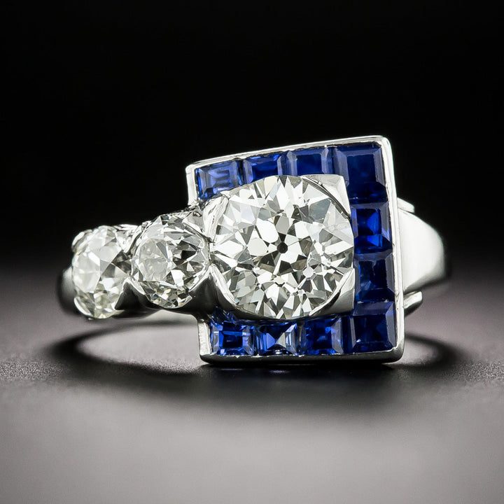 Art Deco 1.39 Carat Diamond and Sapphire Buckle Ring - GIA K VS1