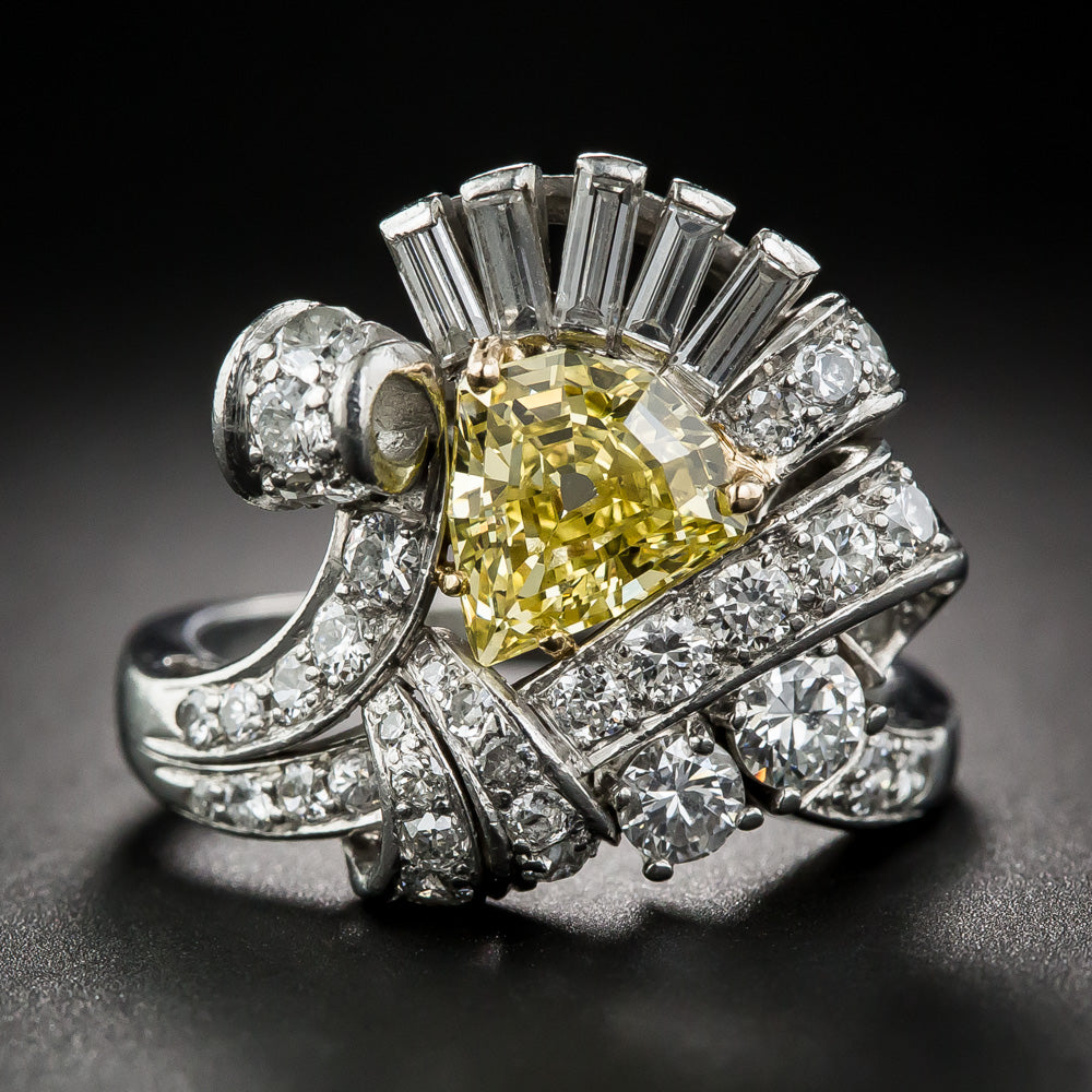 Art Deco 1.53 Carat Intense Fancy Yellow Diamond Cocktail Ring - GIA - 7